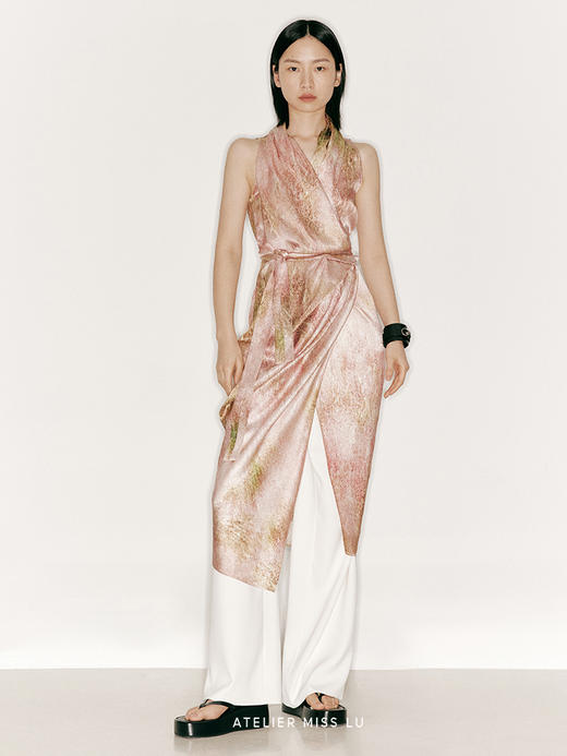 【油画仙子】品牌定制印花桑蚕丝立裁垂褶裹身连衣裙/23000046B 商品图0