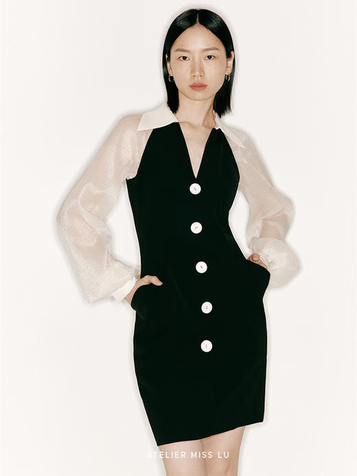 【玛丽莲】廓形口袋细V领拼纱袖修身连衣裙/23000019 商品图2
