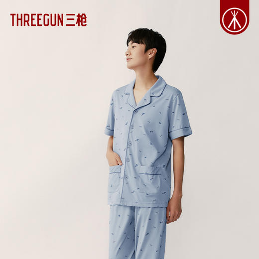 Threegun三枪 【水柔棉】翻领开襟短袖长裤男士家居套家居服-82169D011 商品图3