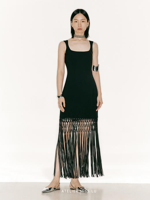 【独秀】重工流苏编织下摆沙漏方领连衣裙/23000041A 商品图0