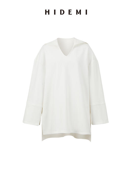 HIDEMI海军领设计感极简大廓形侧开衩加厚自然棉刺绣logo上衣 白色/藏蓝色 商品图14