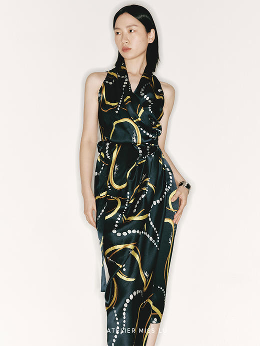 【旋转星空】品牌定制印花桑蚕丝立裁垂褶裹身连衣裙/23000046A 商品图2