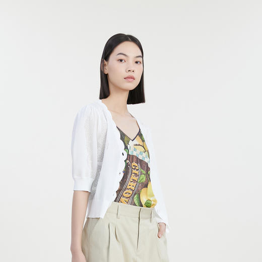 谜底针织衫短袖女2023夏季新款小清新设计感V领针织开衫232MZ0856 商品图1