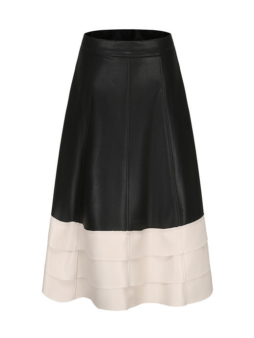 【千层】下摆三层拼接PU皮撞色A字伞裙/2300024 商品图4