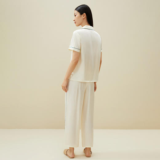 小爱心]100%桑蚕丝简约刺绣素色真丝睡衣 舒适凉感短袖衣裤套家居服金三塔  YSFAA405 商品图3