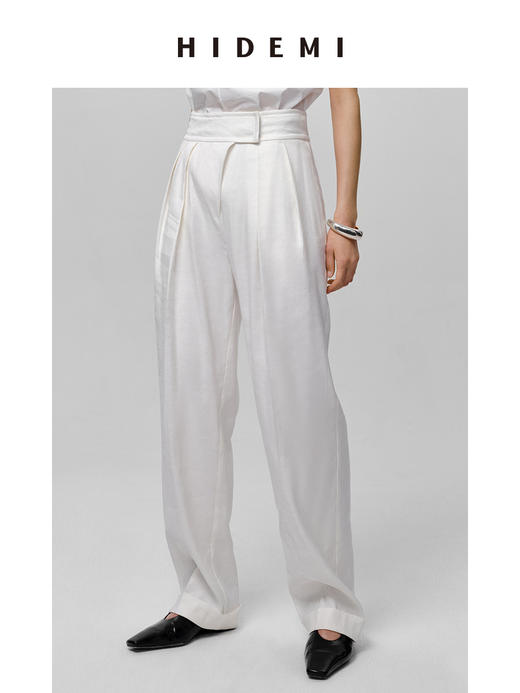 HIDEMI 水洗亚麻极简宽腰带设计感微锥形西裤 白色/米色 商品图1