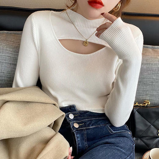 半高领打底衫女秋冬2022新款镂空设计感小众高级中领毛衣针织上衣 商品图3