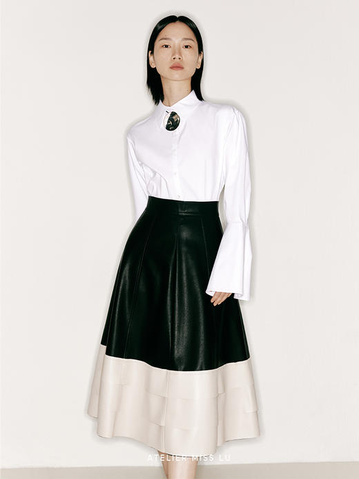 【千层】下摆三层拼接PU皮撞色A字伞裙/2300024 商品图1