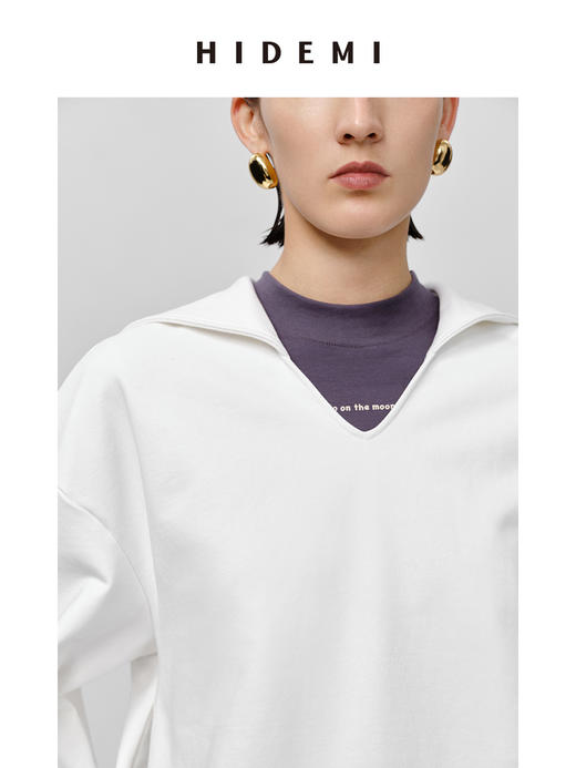 HIDEMI海军领设计感极简大廓形侧开衩加厚自然棉刺绣logo上衣 白色/藏蓝色 商品图5