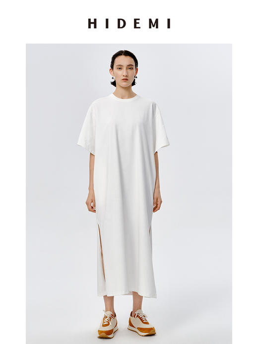 HIDEMI 自然棉系列廓形宽松短袖T恤长款连身裙 白色/深灰/豆乳色/巧克力色 商品图11