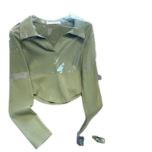 秋冬正肩Polo领T恤女美式复古纯欲甜辣短款V领上衣内搭长袖打底衫 商品图4