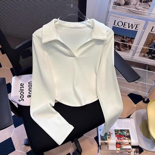 秋冬正肩Polo领T恤女美式复古纯欲甜辣短款V领上衣内搭长袖打底衫 商品图3