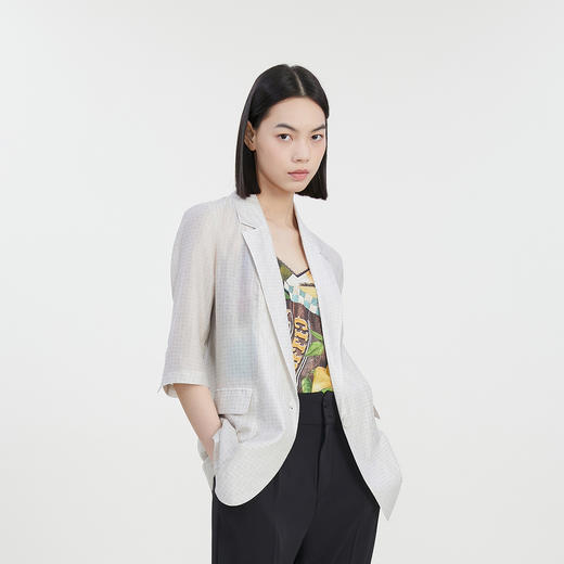 谜底西装外套女2023夏新款通勤风暗纹提花宽松短袖西服232MW0533 商品图3