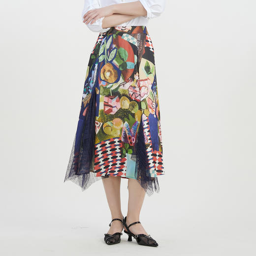 谜底花色半身裙2023夏款复古不规则下摆拼接蕾丝包臀裙232MB0681 商品图0