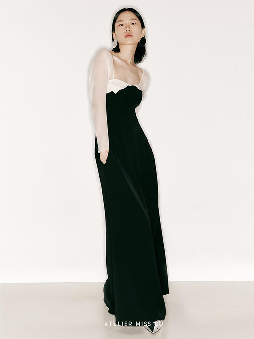 【月光】胸口层次裁片撞色拼纱长袖阔腿连体裤/23000006 商品图3