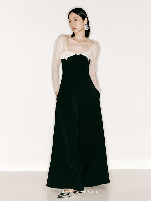 【月光】胸口层次裁片撞色拼纱长袖阔腿连体裤/23000006 商品图2