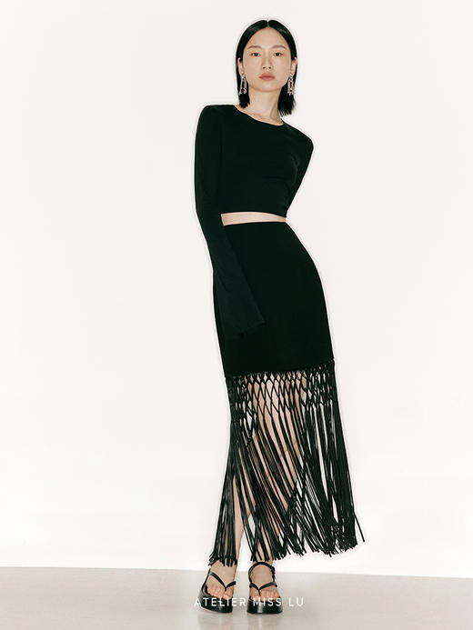 【捕梦网】重工流苏编织环保皮拼接高腰半裙/2300022A 商品图0