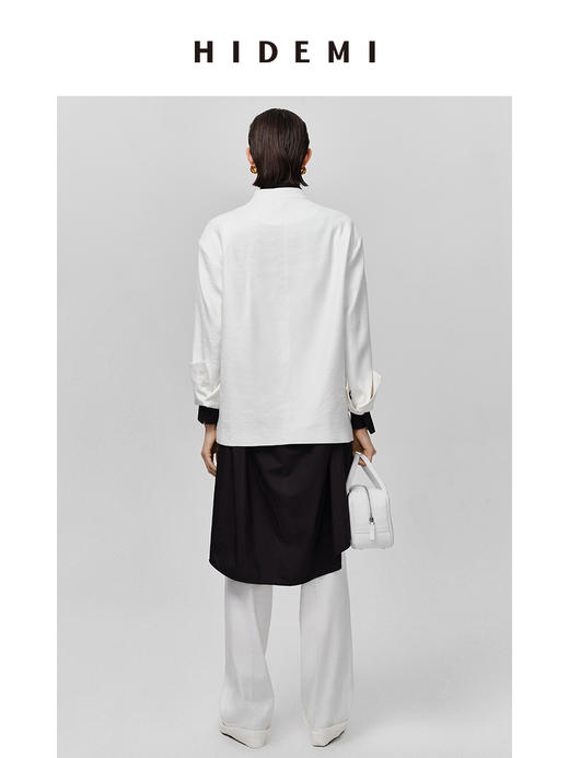 HIDEMI 水洗亚麻极简廓形纽扣垫肩西装外套 白色/卡其 商品图11