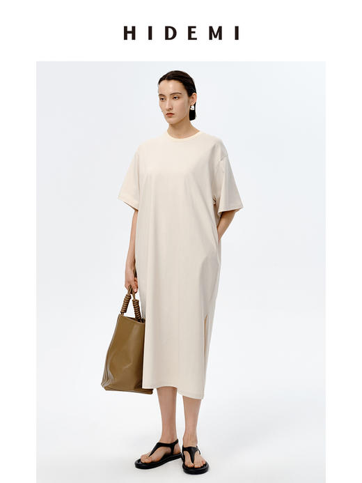 HIDEMI 自然棉系列廓形宽松短袖T恤长款连身裙 白色/深灰/豆乳色/巧克力色 商品图1