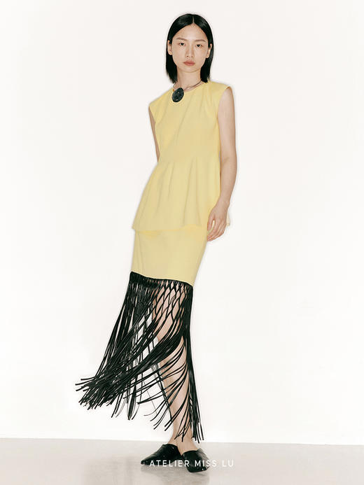 【夏日捕梦网】重工流苏编织环保皮拼接撞色高腰半裙/2300022B 商品图0