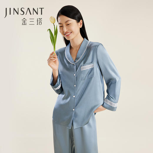 礼物】金三塔重磅真丝睡衣女100%桑蚕丝春夏丝绸高级感家居服长袖衣裤套  YSFDB206 商品图0
