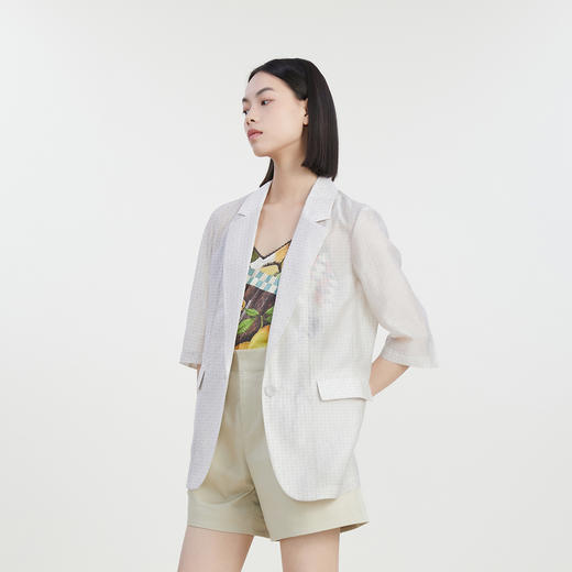 谜底西装外套女2023夏新款通勤风暗纹提花宽松短袖西服232MW0533 商品图1