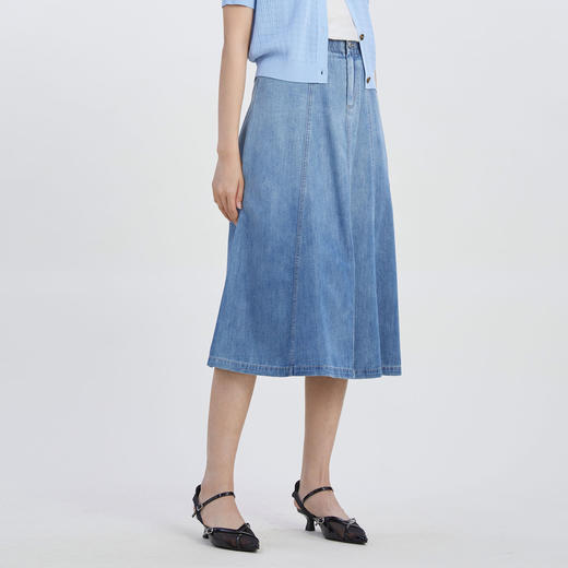 谜底气质牛仔半身裙2023夏季新款复古高腰A型长裙松紧腰232MB0556 商品图2