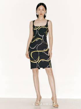 【星夜酒杯】品牌定制印花沙漏方领修身连衣裙/23000040A