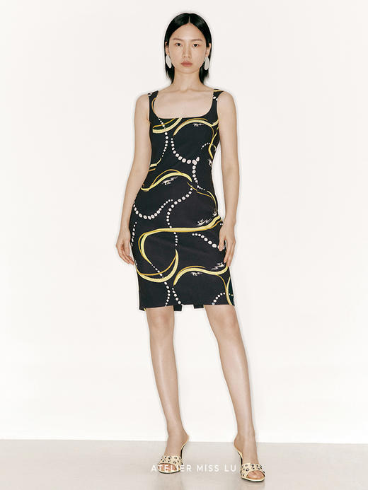 【星夜酒杯】品牌定制印花沙漏方领修身连衣裙/23000040A 商品图0