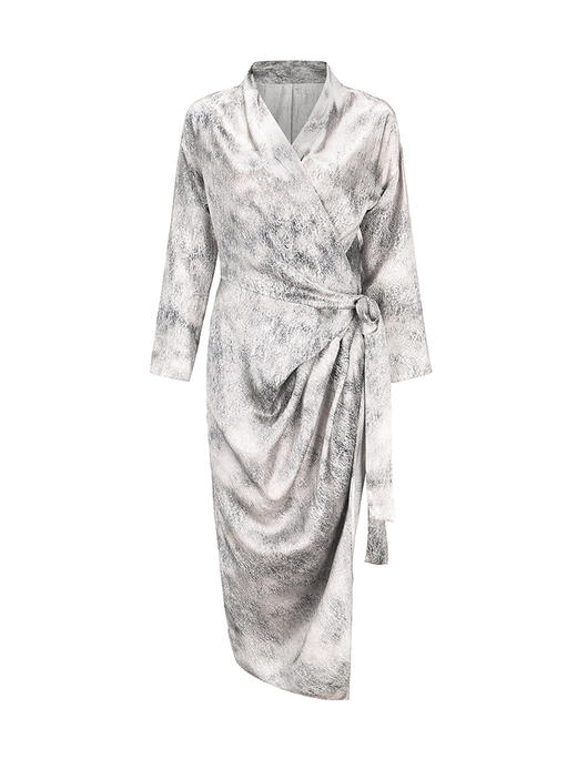 【呼啸山庄】品牌定制印花桑蚕丝立裁垂褶裹身长袖连衣裙/23000047 商品图4