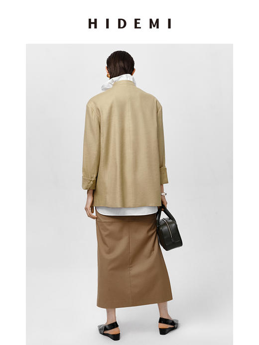 HIDEMI 水洗亚麻极简廓形纽扣垫肩西装外套 白色/卡其 商品图9