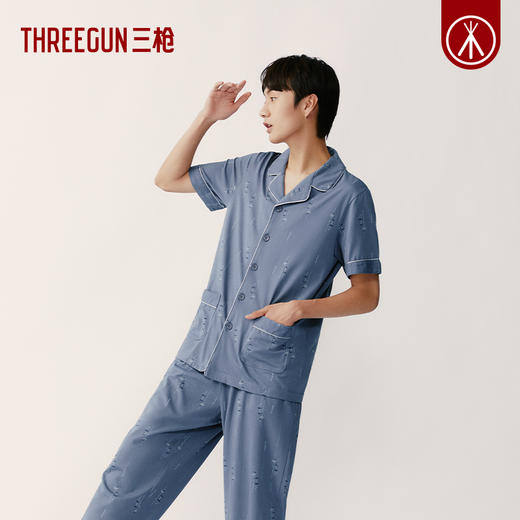 Threegun三枪 【水柔棉】翻领开襟短袖长裤男士家居套家居服-82169D011 商品图2