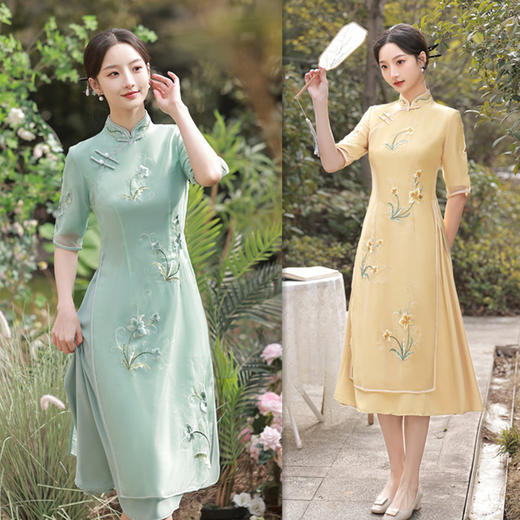 欧根纱奥黛长款旗袍裙，2023春夏新款复古民族风纯色绣花奥黛旗袍裙GX27501 商品图3