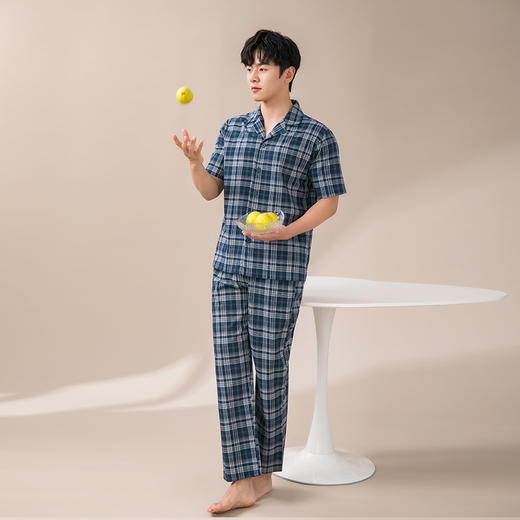 康妮雅2023春夏男士睡衣男式短袖长裤开襟套装 商品图4