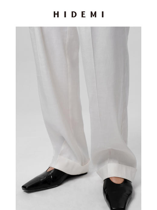 HIDEMI 水洗亚麻极简宽腰带设计感微锥形西裤 白色/米色 商品图8