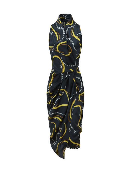 【旋转星空】品牌定制印花桑蚕丝立裁垂褶裹身连衣裙/23000046A 商品图4