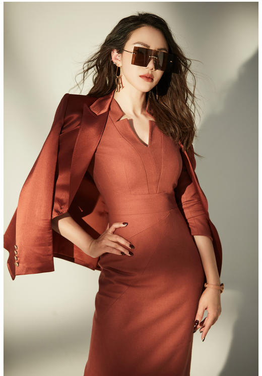 “沙伦玫瑰”颈袖添香2024春季新款职业连衣裙山楂红时尚气质OL修身包臀裙子LT1XC1048 商品图3