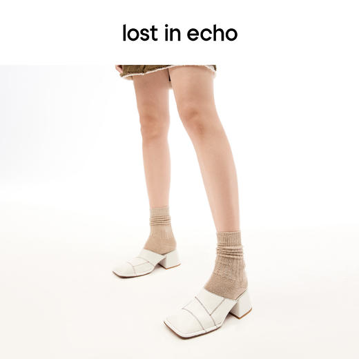 lost in echo设计师品牌胶囊系列缝线拼接方头粗跟牛仔真皮高跟凉拖 商品图3