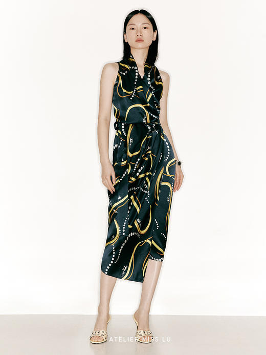 【旋转星空】品牌定制印花桑蚕丝立裁垂褶裹身连衣裙/23000046A 商品图0