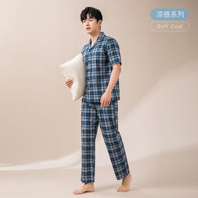 康妮雅2023春夏男士睡衣男式短袖长裤开襟套装