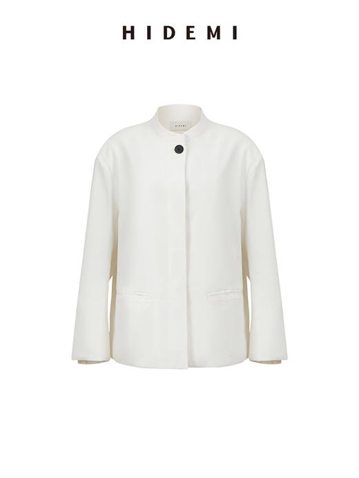 HIDEMI 水洗亚麻极简廓形纽扣垫肩西装外套 白色/卡其 商品图14