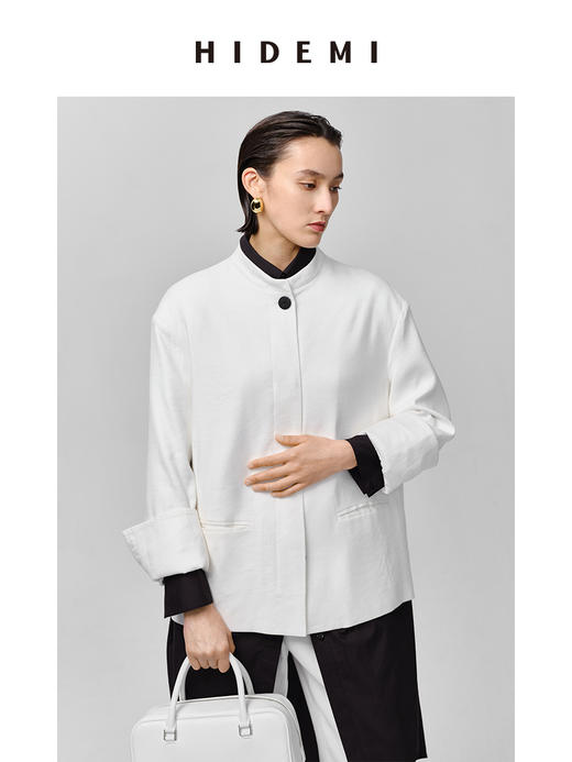 HIDEMI 水洗亚麻极简廓形纽扣垫肩西装外套 白色/卡其 商品图4