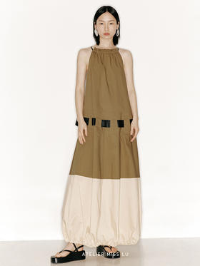 【热气球】领口毛边抽褶大A字下摆花苞拼接长裙/23000009