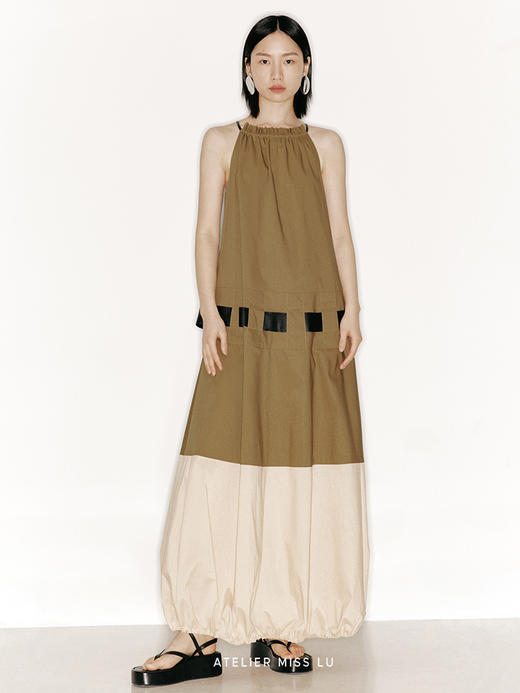 【热气球】领口毛边抽褶大A字下摆花苞拼接长裙/23000009 商品图0