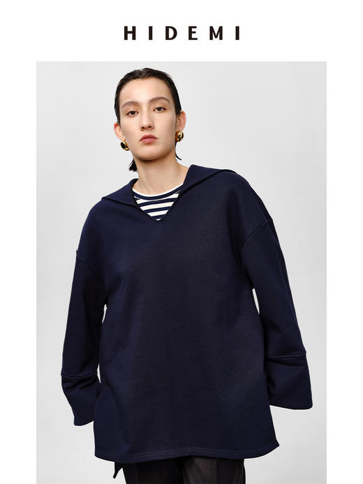HIDEMI海军领设计感极简大廓形侧开衩加厚自然棉刺绣logo上衣 白色/藏蓝色 商品图11