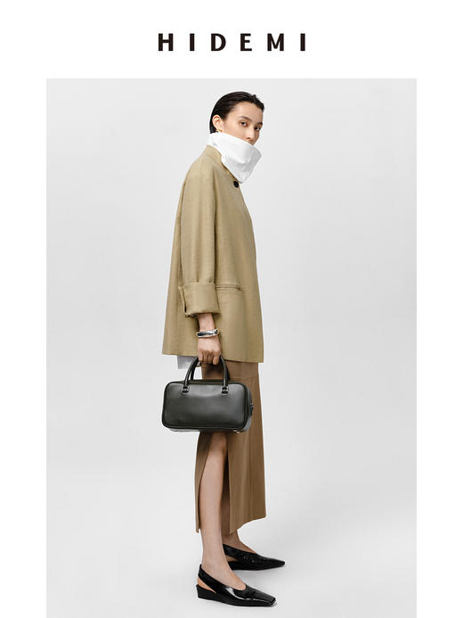 HIDEMI 水洗亚麻极简廓形纽扣垫肩西装外套 白色/卡其 商品图8