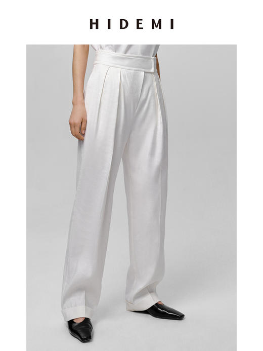 HIDEMI 水洗亚麻极简宽腰带设计感微锥形西裤 白色/米色 商品图4