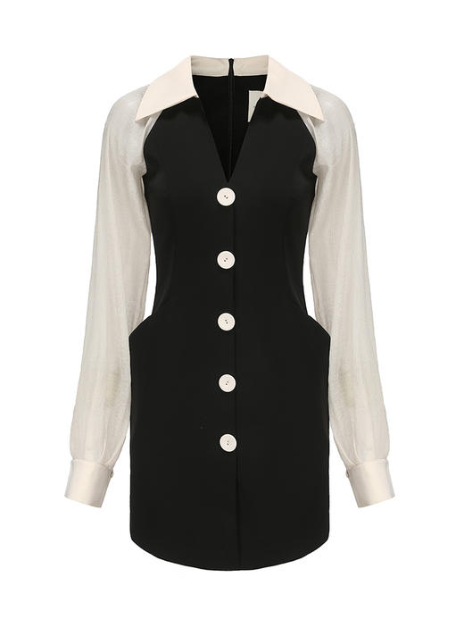 【玛丽莲】廓形口袋细V领拼纱袖修身连衣裙/23000019 商品图4