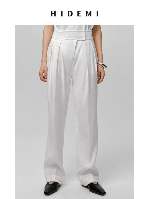 HIDEMI 水洗亚麻极简宽腰带设计感微锥形西裤 白色/米色 商品图3