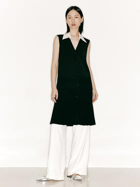 【纸风琴】下摆百褶拼接撞色翻领马甲连衣裙/23000021